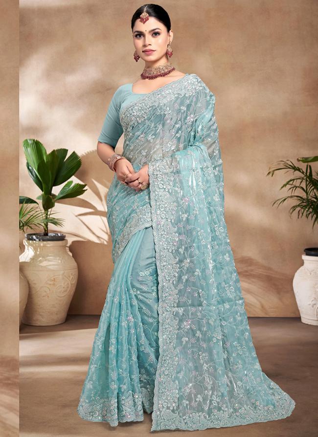 Jimmy Choo Silk Sky Blue Wedding Wear Embroidery Work Saree